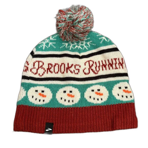 Brooks Running Christmas Knit Pompom Beanie Snowman Holiday Festive One Size - Picture 1 of 5